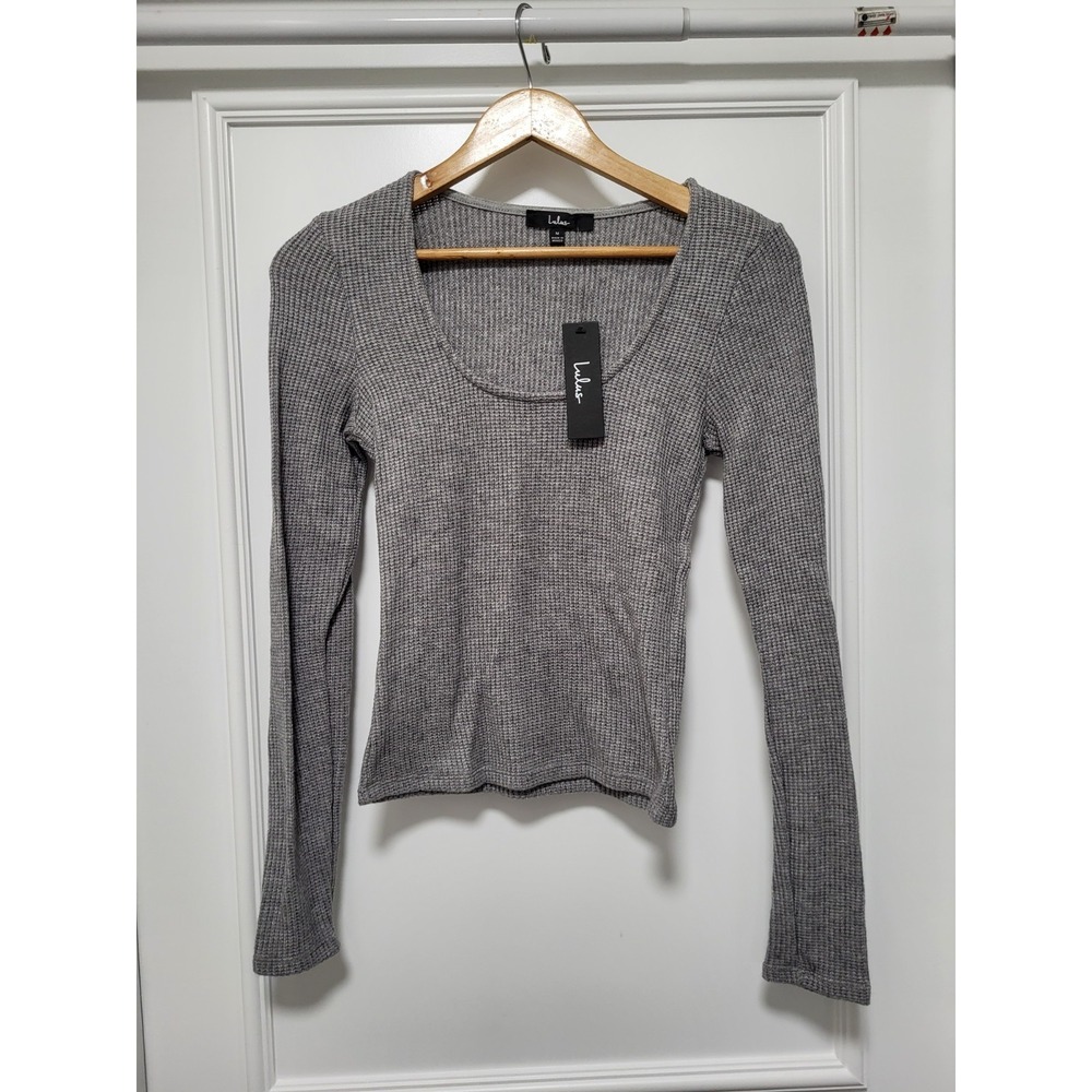 New Lulus Gray Fitted Waffle Knit Thermal Top Sz M